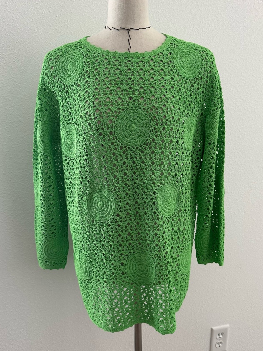 Michael Simon New York Sweater Womens OS Open Knit Crochet  Bright Art Green